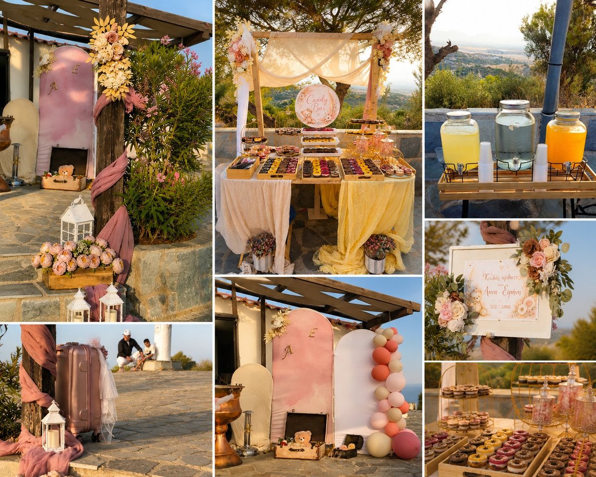 Collage of outdoor wedding venue setup with pink and gold decorations, floral arrangements, beverage stations, and ceremonial arch with scenic landscape views
