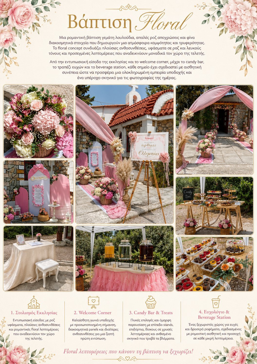 Floral Baptism event design showcasing pink flower arrangements, decorated venue setup, welcome sign, candy bar, and dessert displays