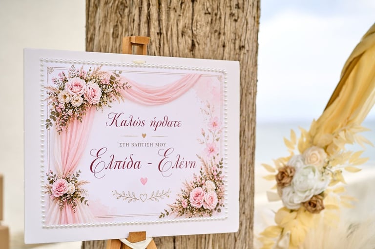Ροζ λουλουδάτη πινακίδα υποδοχής με τα ονόματα νύφης και γαμπρού σε ξύλινη βάση