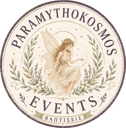Paramythokosmos Events logo featuring a winged fairy figure surrounded by laurel wreaths and floral elements on a cream background