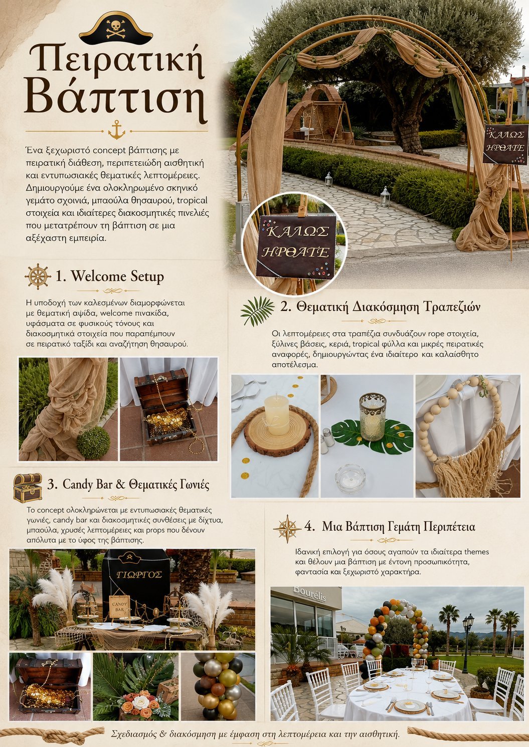Greek pirate-themed wedding package brochure showing ceremony setup, beach tent, candy bar, and reception table decor