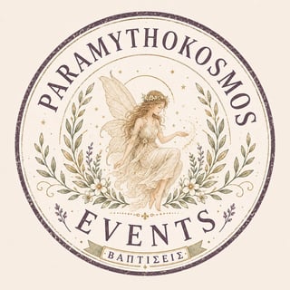 Decorative circular logo for Paramythokosmos Events featuring a winged fairy figure surrounded by laurel wreaths on a cream background